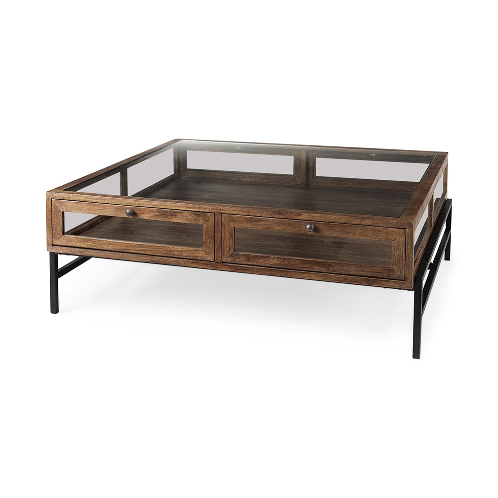 Mercana - Arelius 42" Square Glass-Top Medium Brown w/ Black Metal Base Display Coffee Table - 69296 view 1