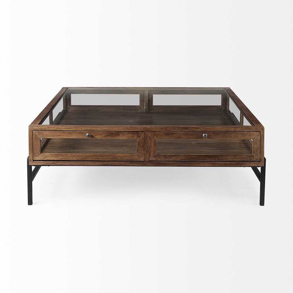 Mercana - Arelius 42" Square Glass-Top Medium Brown w/ Black Metal Base Display Coffee Table - 69296 view 2