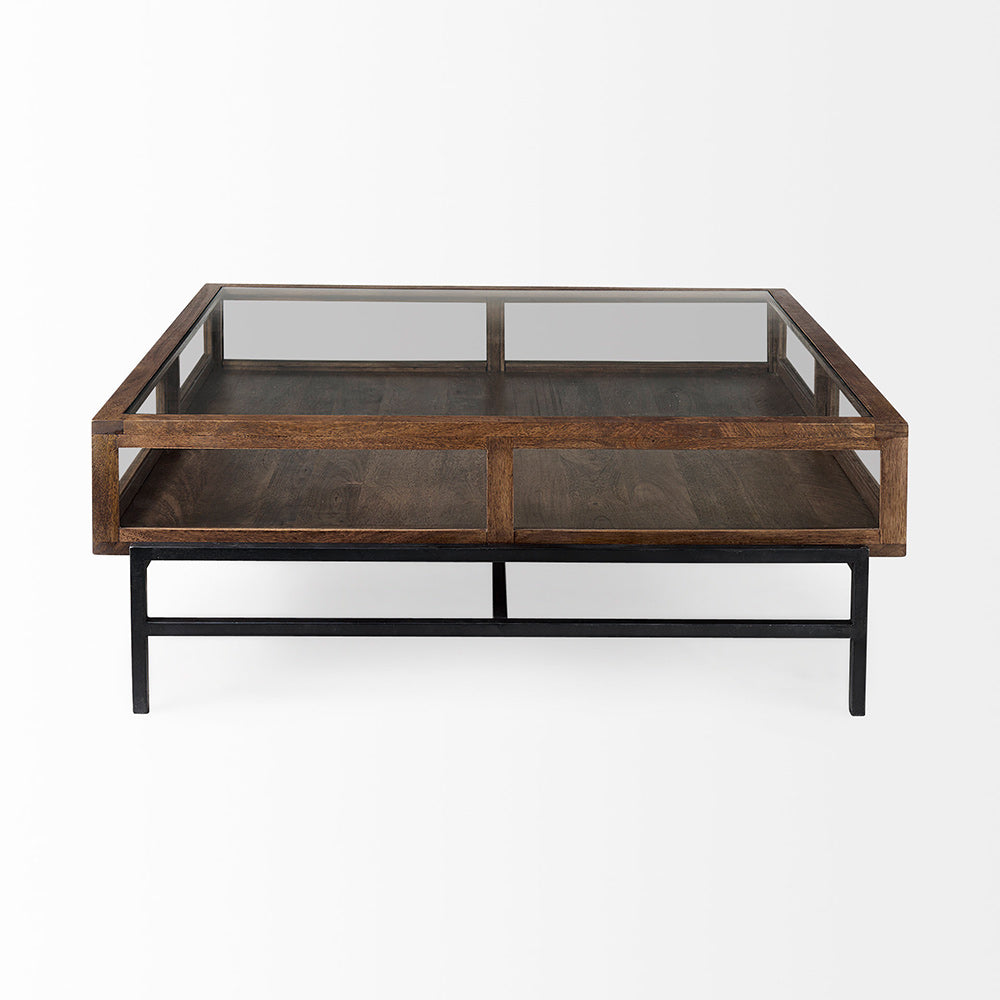 Mercana - Arelius 42" Square Glass-Top Medium Brown w/ Black Metal Base Display Coffee Table - 69296 view 3