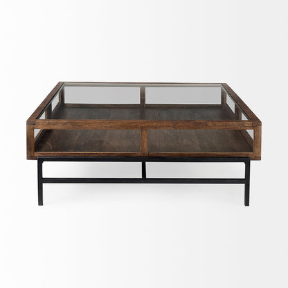 Mercana - Arelius 42" Square Glass-Top Medium Brown w/ Black Metal Base Display Coffee Table - 69296 view 3