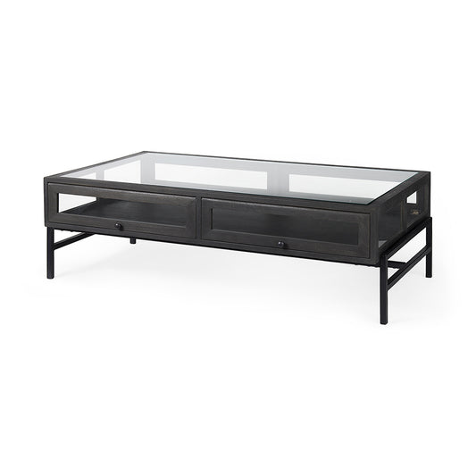 Mercana - Arelius 42"L Rectangular Glass-Top Black-Brown Wood w/ Black Metal Base Display Coffee Table - 69746 view 1