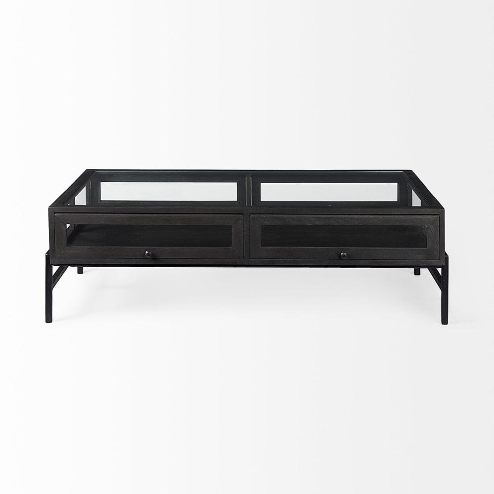 Mercana - Arelius 42"L Rectangular Glass-Top Black-Brown Wood w/ Black Metal Base Display Coffee Table - 69746 view 2