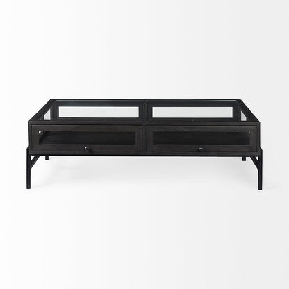 Mercana - Arelius 42"L Rectangular Glass-Top Black-Brown Wood w/ Black Metal Base Display Coffee Table - 69746 view 2