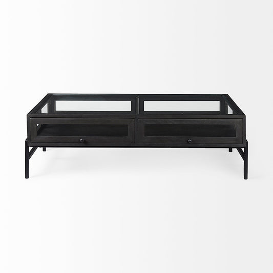 Mercana - Arelius 42"L Rectangular Glass-Top Black-Brown Wood w/ Black Metal Base Display Coffee Table - 69746 view 2
