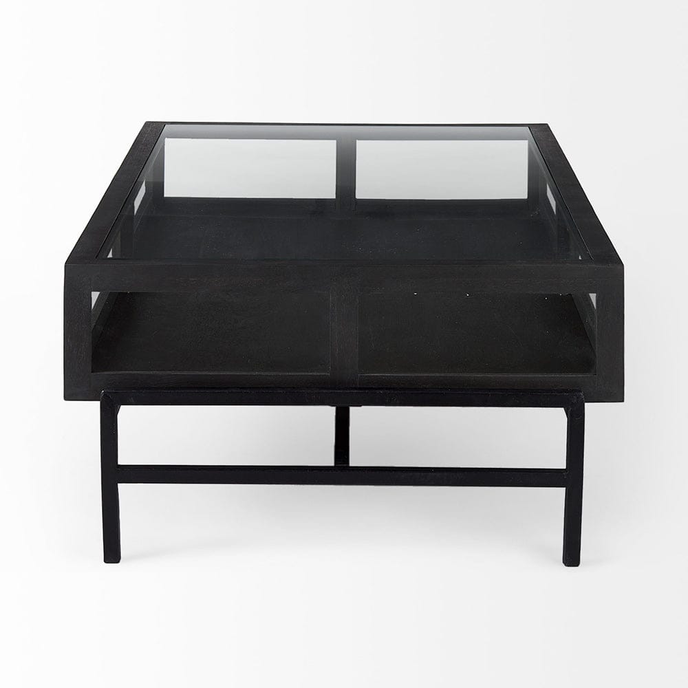 Mercana - Arelius 42"L Rectangular Glass-Top Black-Brown Wood w/ Black Metal Base Display Coffee Table - 69746 view 3