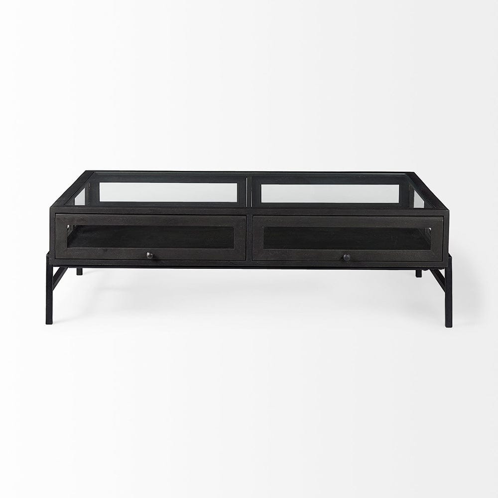 Mercana - Arelius 42"L Rectangular Glass-Top Black-Brown Wood w/ Black Metal Base Display Coffee Table - 69746 view 4