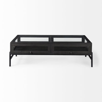 Mercana - Arelius 42"L Rectangular Glass-Top Black-Brown Wood w/ Black Metal Base Display Coffee Table - 69746 view 4
