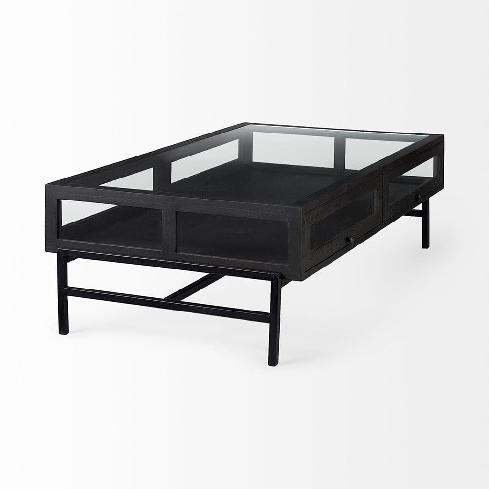 Mercana - Arelius 42"L Rectangular Glass-Top Black-Brown Wood w/ Black Metal Base Display Coffee Table - 69746 view 5