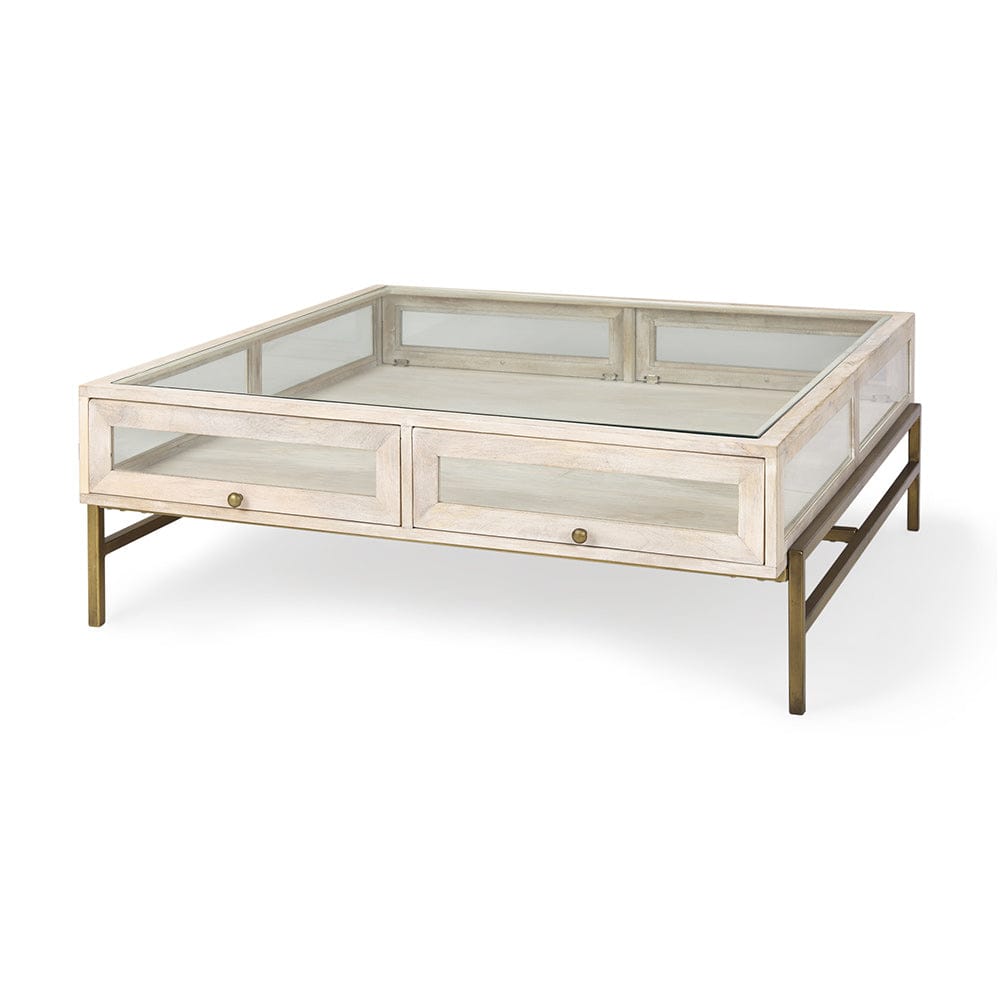 Mercana - Arelius 42L x 42W x 15H White Wood W/ Gold Metal Base Square Display Coffee Table - 69298_CLOSEOUT view 1