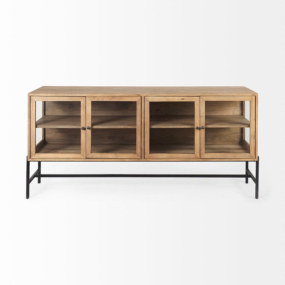Mercana - Arelius 70L x 18W x 32H Light Brown Wood, Black Metal Base w/ 4 Glass Cabinet Doors Sideboard - 69227 view 2