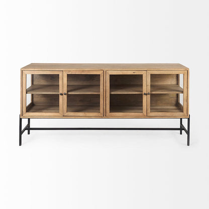 Mercana - Arelius 70L x 18W x 32H Light Brown Wood, Black Metal Base w/ 4 Glass Cabinet Doors Sideboard - 69227 view 2
