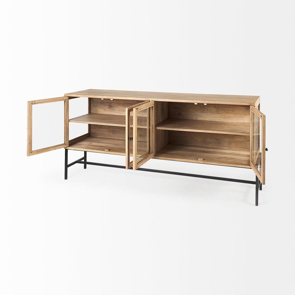 Mercana - Arelius 70L x 18W x 32H Light Brown Wood, Black Metal Base w/ 4 Glass Cabinet Doors Sideboard - 69227 view 4