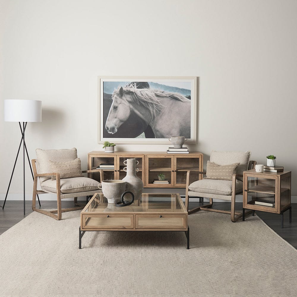 Mercana - Arelius 70L x 18W x 32H Light Brown Wood, Black Metal Base w/ 4 Glass Cabinet Doors Sideboard - 69227 view 10