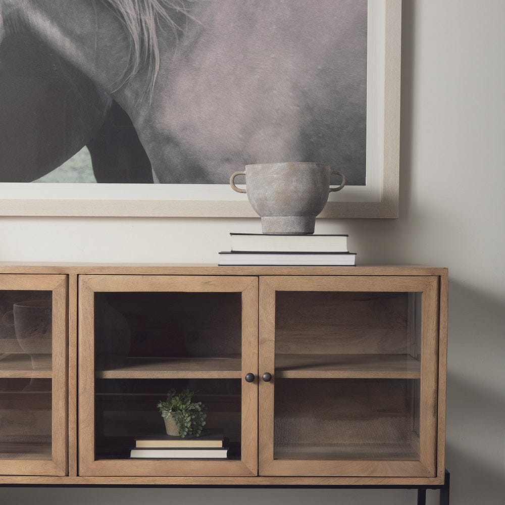 Mercana - Arelius 70L x 18W x 32H Light Brown Wood, Black Metal Base w/ 4 Glass Cabinet Doors Sideboard - 69227 view 11