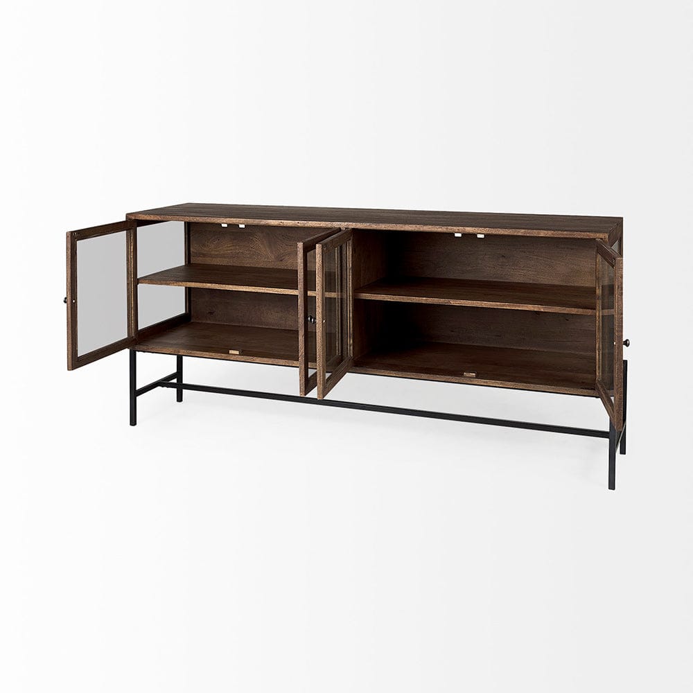 Mercana - Arelius 70L x 18W x 32H Medium Brown, Black Metal Base w/ 4 Glass Door Cabinets Sideboard - 69293 view 4