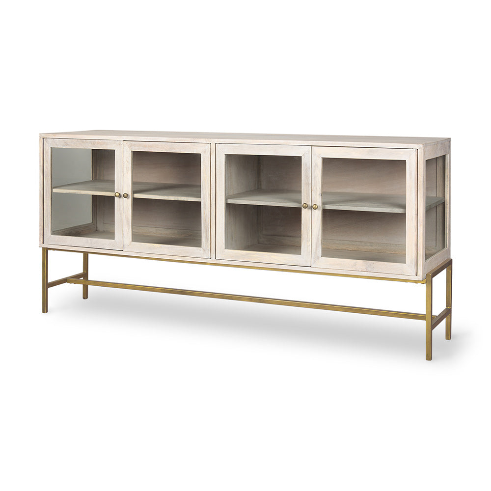 Mercana - Arelius 70L x 18W x 32H White Wood W/ Gold Metal Base 4 Door Glass Cabinet Sideboard - 69295_CLOSEOUT view 1