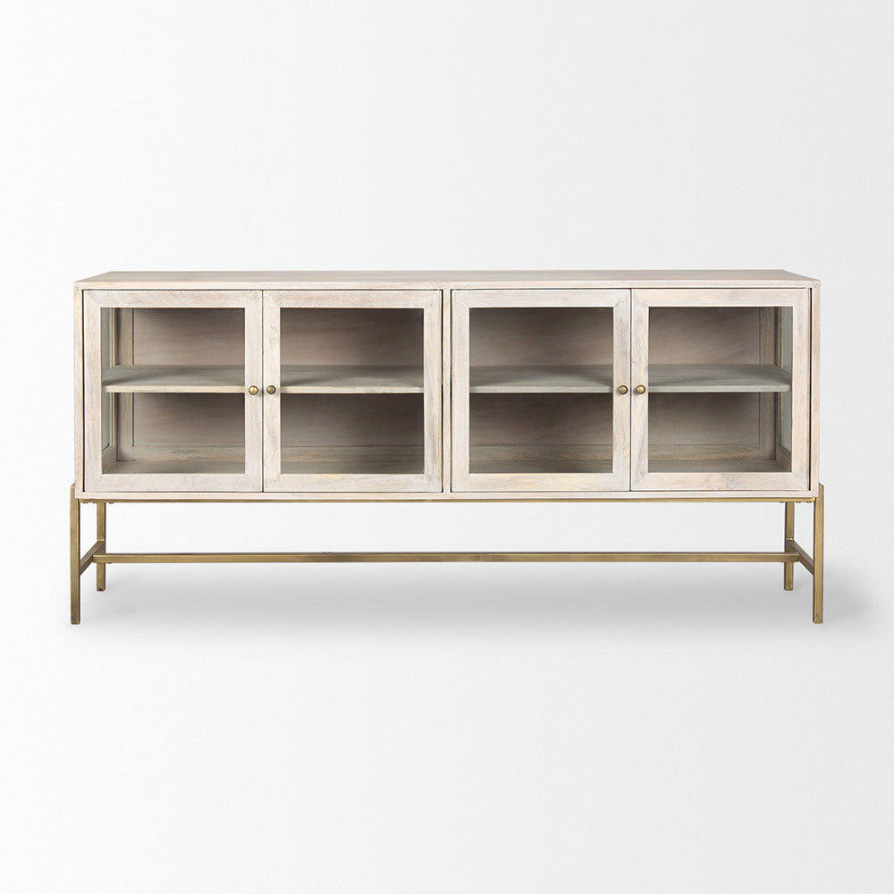 Mercana - Arelius 70L x 18W x 32H White Wood W/ Gold Metal Base 4 Door Glass Cabinet Sideboard - 69295_CLOSEOUT view 2