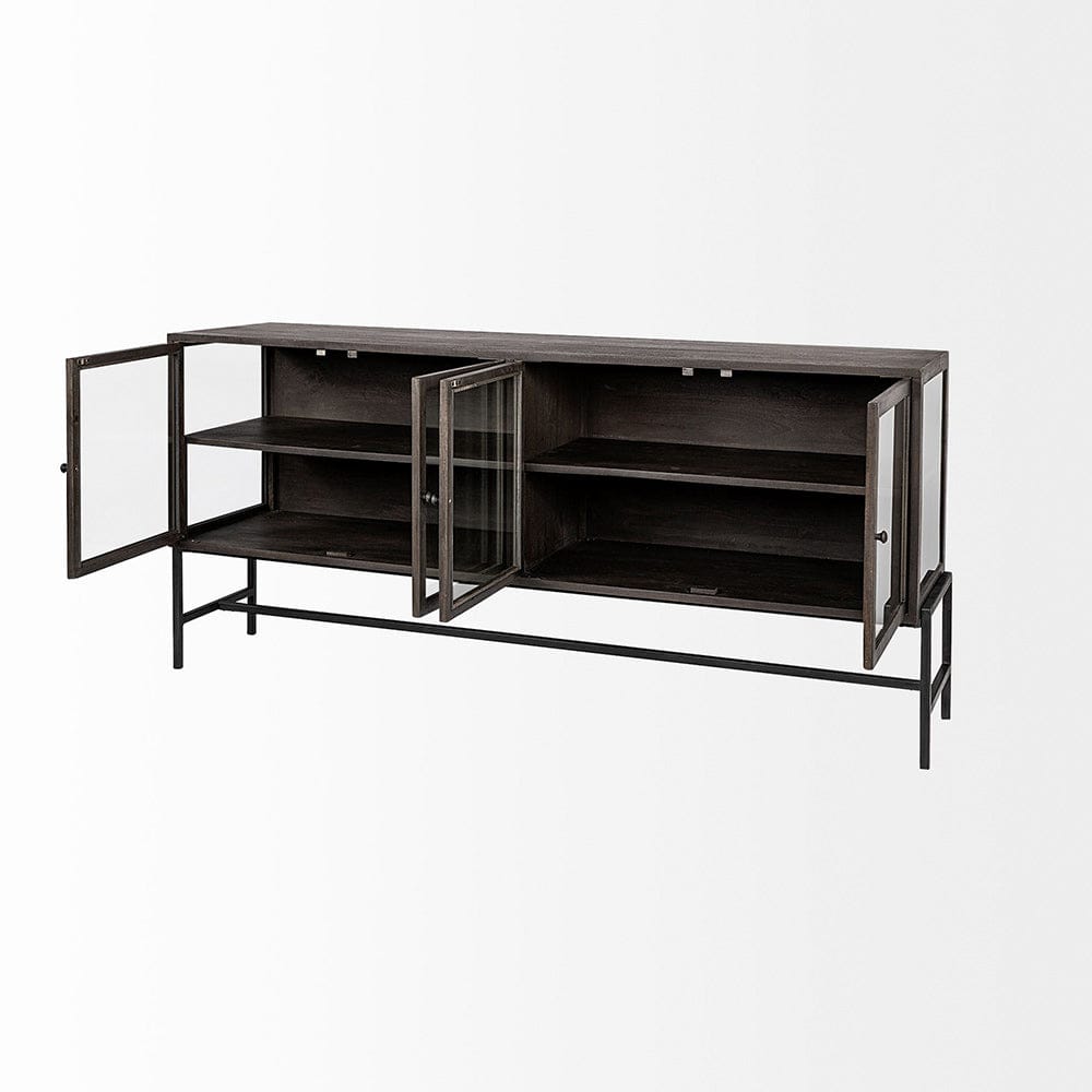 Mercana - Arelius 70x18 Black-Brown Wood, Black Metal Base w/ 4 Glass Cabinet Doors Sideboard - 69011 view 2