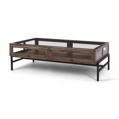 Mercana - Arelius Rectangular Glass-Top Medium Brown Wood w/ Black Metal Base Display Coffee Table - 69747 view 1