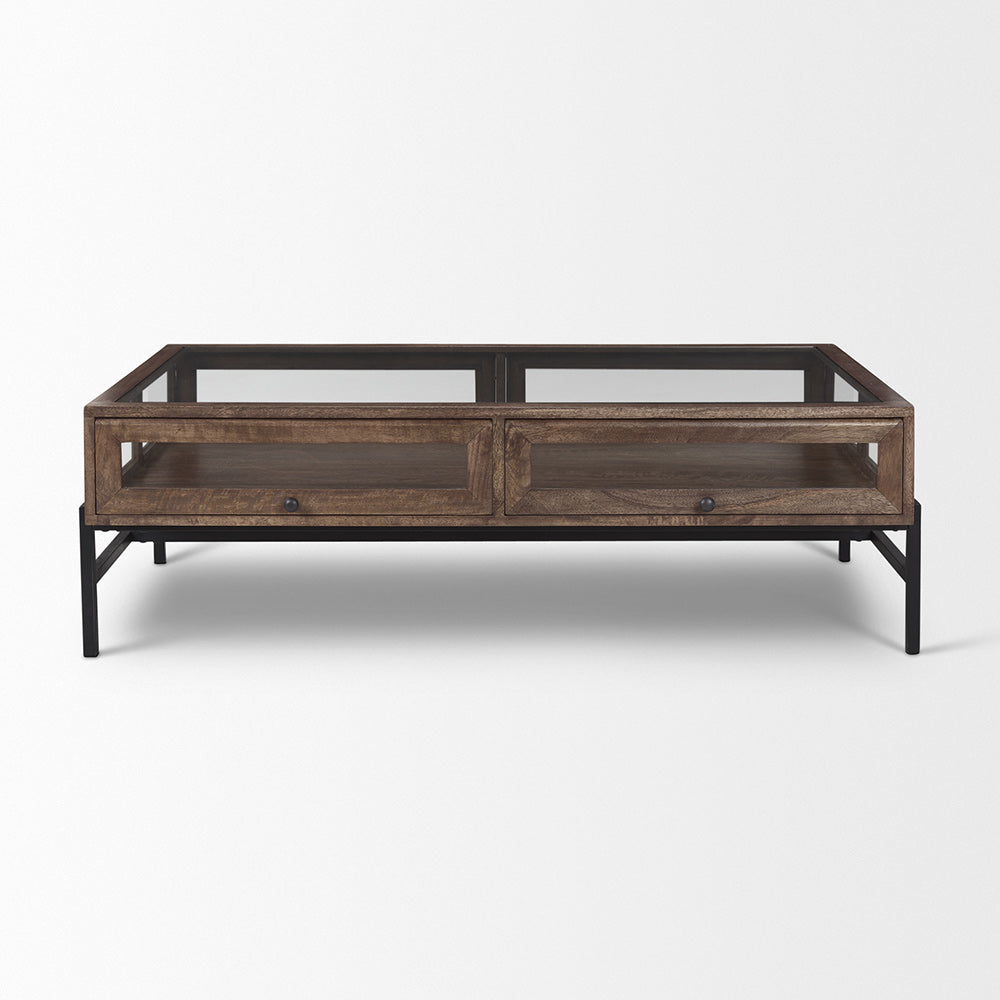 Mercana - Arelius Rectangular Glass-Top Medium Brown Wood w/ Black Metal Base Display Coffee Table - 69747 view 2