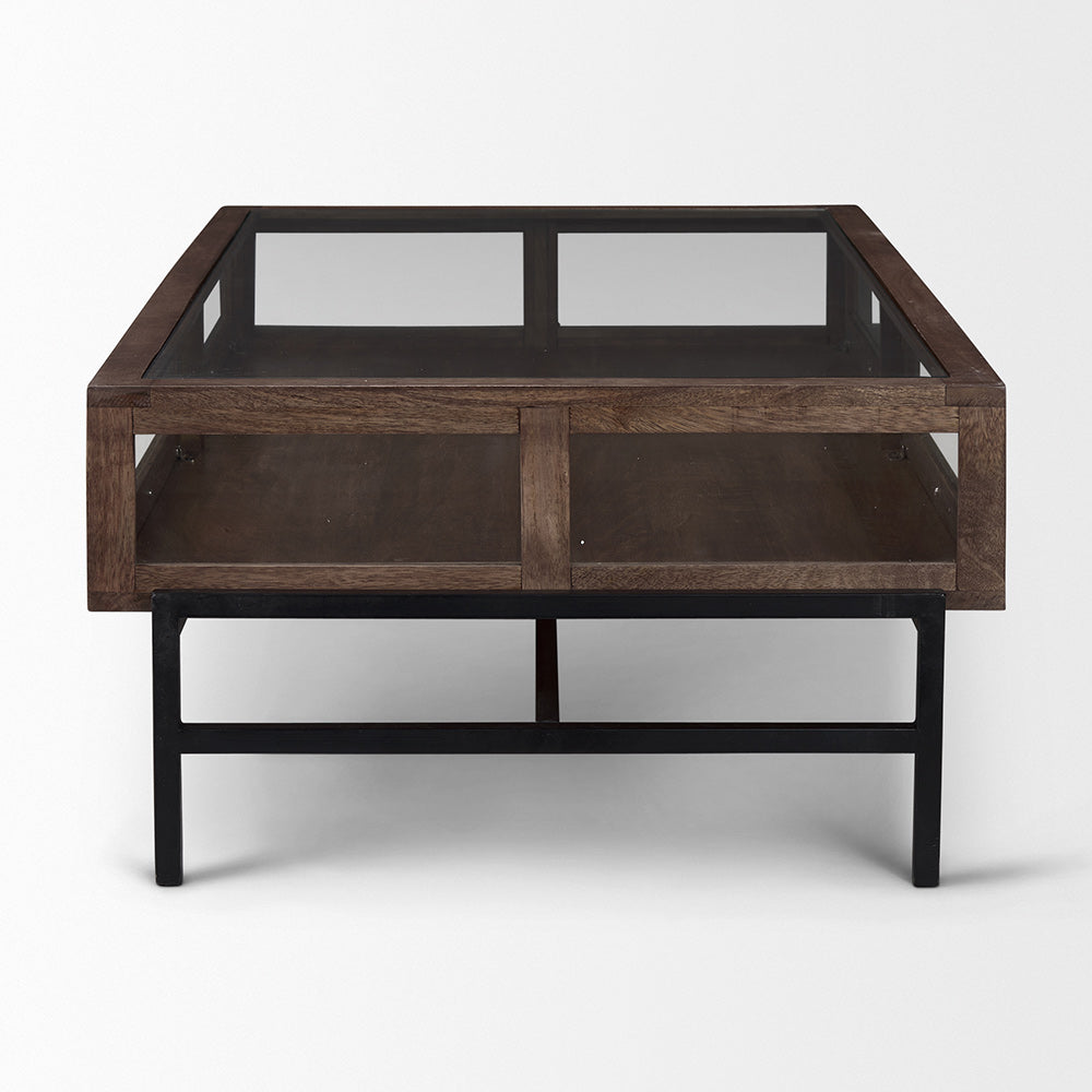 Mercana - Arelius Rectangular Glass-Top Medium Brown Wood w/ Black Metal Base Display Coffee Table - 69747 view 3