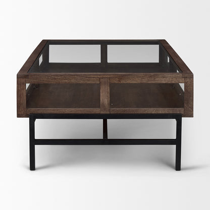Mercana - Arelius Rectangular Glass-Top Medium Brown Wood w/ Black Metal Base Display Coffee Table - 69747 view 3