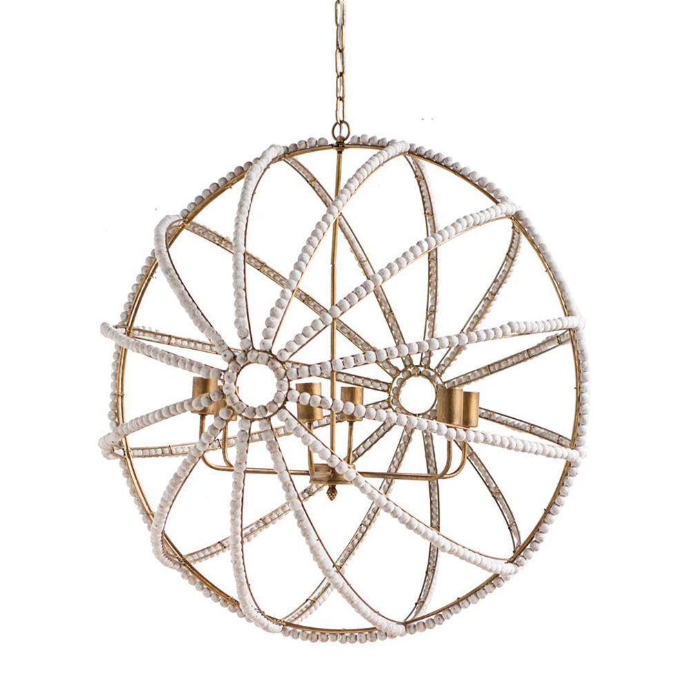 Mercana - Ava White 34"D Gold Metal and White Wood Beaded Six Bulb Chandelier - 65273_CLOSEOUT view 1