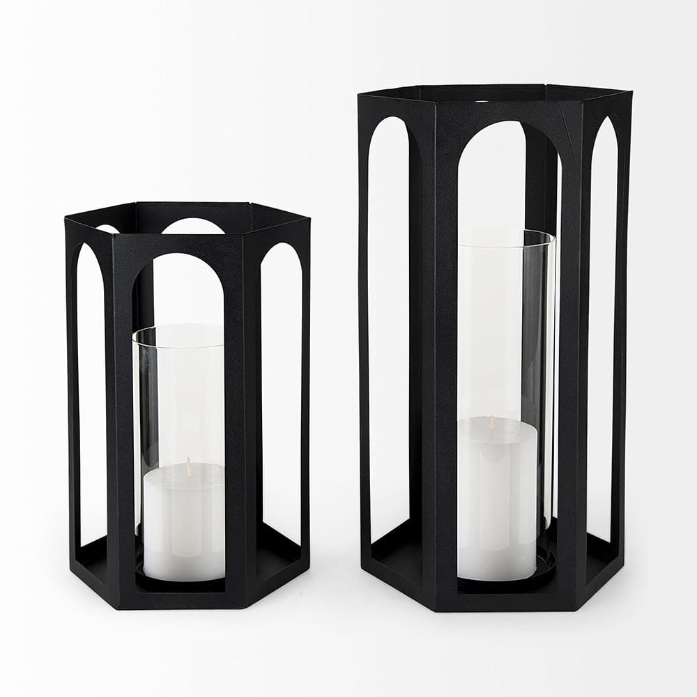 Mercana - Balley 9.4L x 9.4W x 19.7H Set of Two Matte Black Metal Hexagonal Candle Holder Lanterns - 69532 view 2
