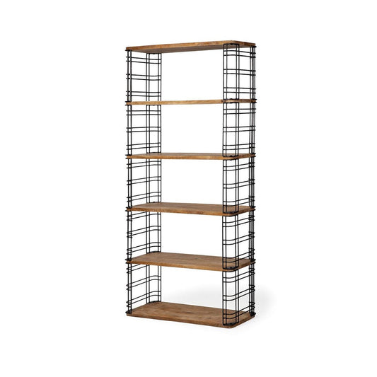 Mercana - Bradie I 40L x 12W x 79H Brown Wood and Metal Frame Six Shelf Shelving Unit - 67840-AB_CLOSEOUT view 1