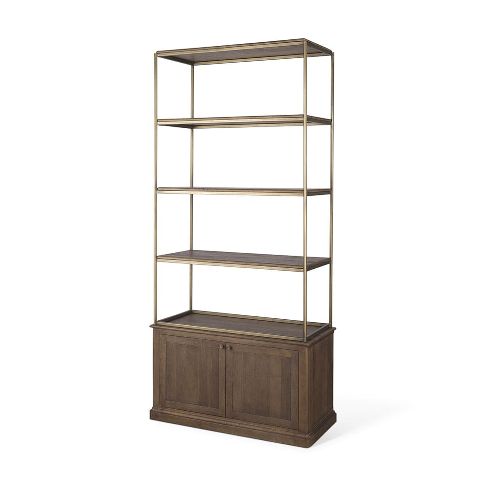 Mercana - Braxton Dark Brown Wood w/ Antiqued Aged Brass Metal 3 Tiers 2 Door Shelving Unit - 71118-AB view 1