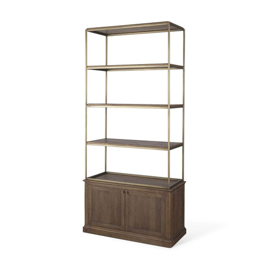 Mercana - Braxton Dark Brown Wood w/ Antiqued Aged Brass Metal 3 Tiers 2 Door Shelving Unit - 71118-AB view 1