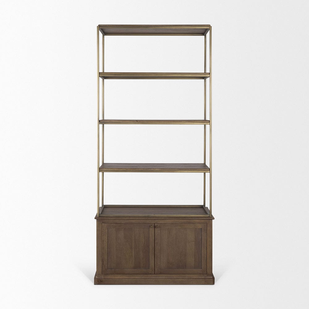 Mercana - Braxton Dark Brown Wood w/ Antiqued Aged Brass Metal 3 Tiers 2 Door Shelving Unit - 71118-AB view 2