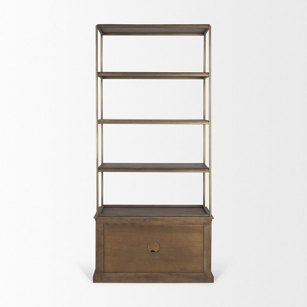 Mercana - Braxton Dark Brown Wood w/ Antiqued Aged Brass Metal 3 Tiers 2 Door Shelving Unit - 71118-AB view 4