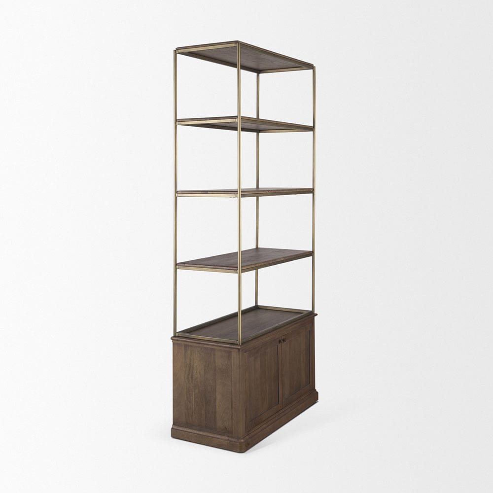 Mercana - Braxton Dark Brown Wood w/ Antiqued Aged Brass Metal 3 Tiers 2 Door Shelving Unit - 71118-AB view 5