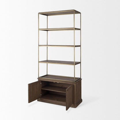 Mercana - Braxton Dark Brown Wood w/ Antiqued Aged Brass Metal 3 Tiers 2 Door Shelving Unit - 71118-AB view 6