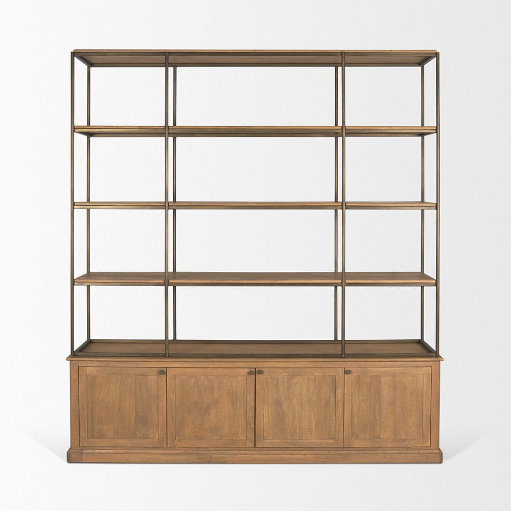 Mercana - Braxton Light Brown Wood w/ Antiqued Brass Metal 3 Tiers 2 Door Shelving Unit - 71115-AB view 2
