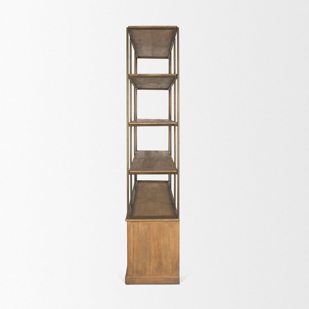 Mercana - Braxton Light Brown Wood w/ Antiqued Brass Metal 3 Tiers 2 Door Shelving Unit - 71115-AB view 3