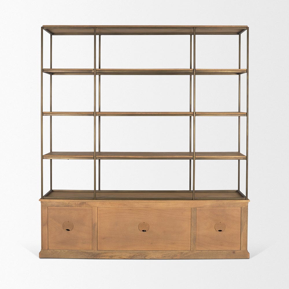 Mercana - Braxton Light Brown Wood w/ Antiqued Brass Metal 3 Tiers 2 Door Shelving Unit - 71115-AB view 4