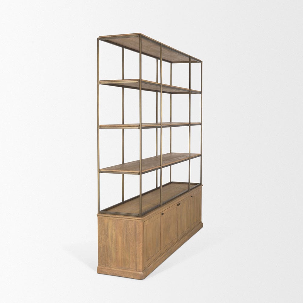 Mercana - Braxton Light Brown Wood w/ Antiqued Brass Metal 3 Tiers 2 Door Shelving Unit - 71115-AB view 5
