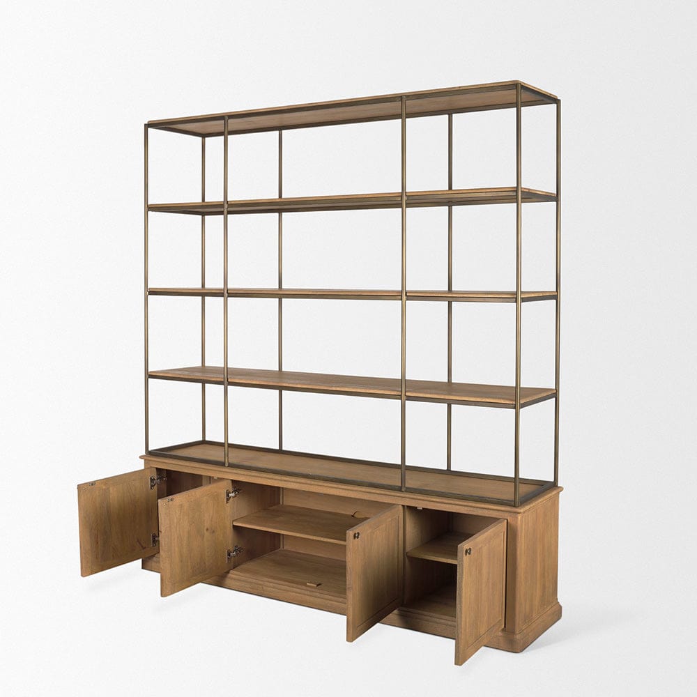 Mercana - Braxton Light Brown Wood w/ Antiqued Brass Metal 3 Tiers 2 Door Shelving Unit - 71115-AB view 6