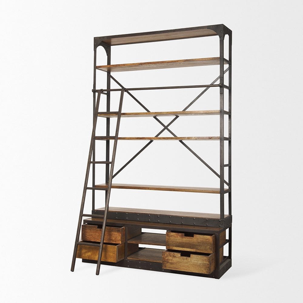 Mercana - Brodie II Medium Brown Wood Black Ladder Four Shelf Shelving Unit 57L x 20.5W x94H - 50031-AB view 4