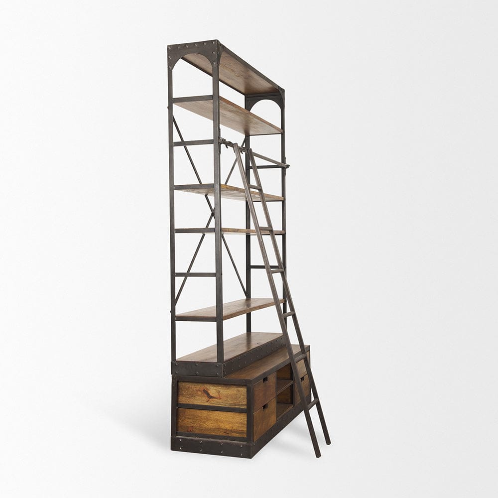 Mercana - Brodie II Medium Brown Wood Black Ladder Four Shelf Shelving Unit 57L x 20.5W x94H - 50031-AB view 5