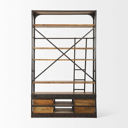 Mercana - Brodie II Medium Brown Wood Black Ladder Four Shelf Shelving Unit 57L x 20.5W x94H - 50031-AB view 6