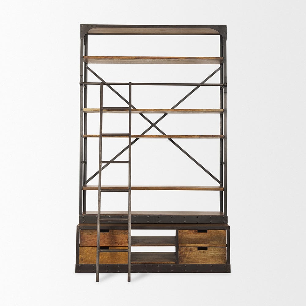 Mercana - Brodie II Medium Brown Wood Black Ladder Four Shelf Shelving Unit 57L x 20.5W x94H - 50031-AB view 8