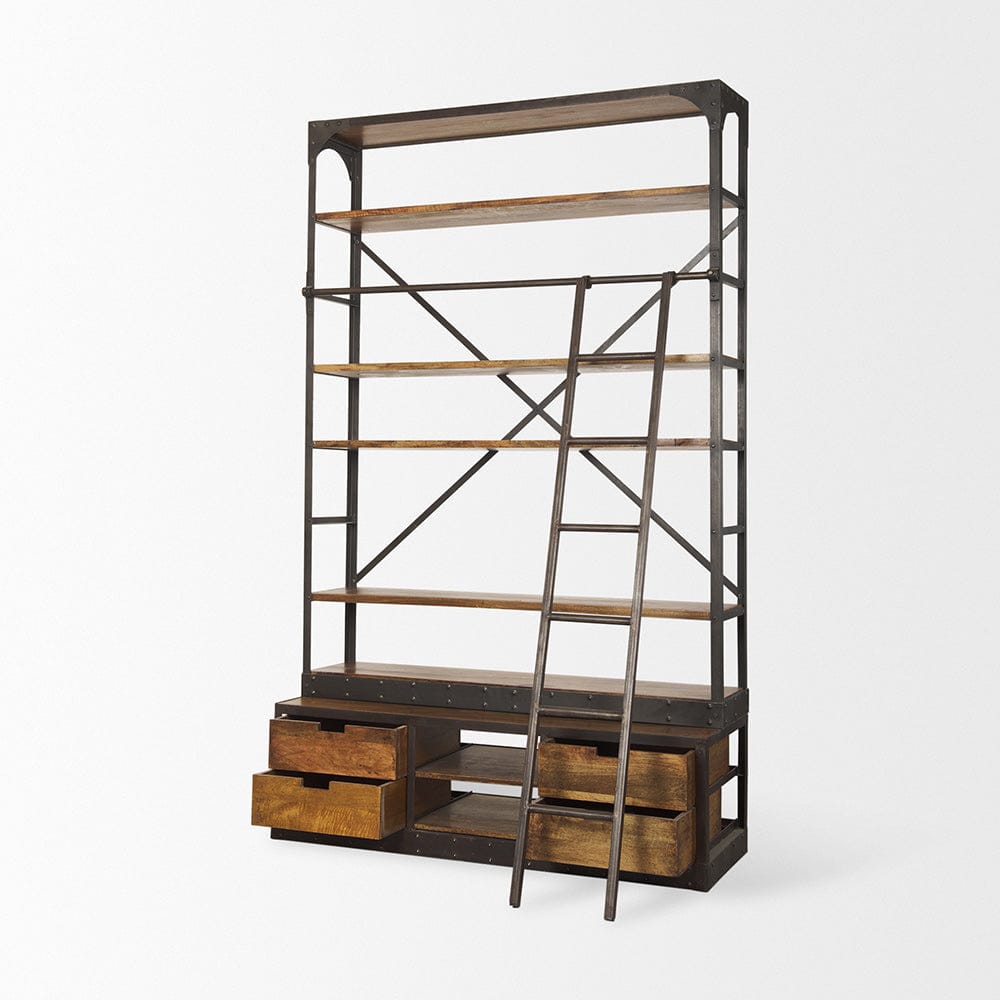 Mercana - Brodie II Medium Brown Wood Black Ladder Four Shelf Shelving Unit 57L x 20.5W x94H - 50031-AB view 9