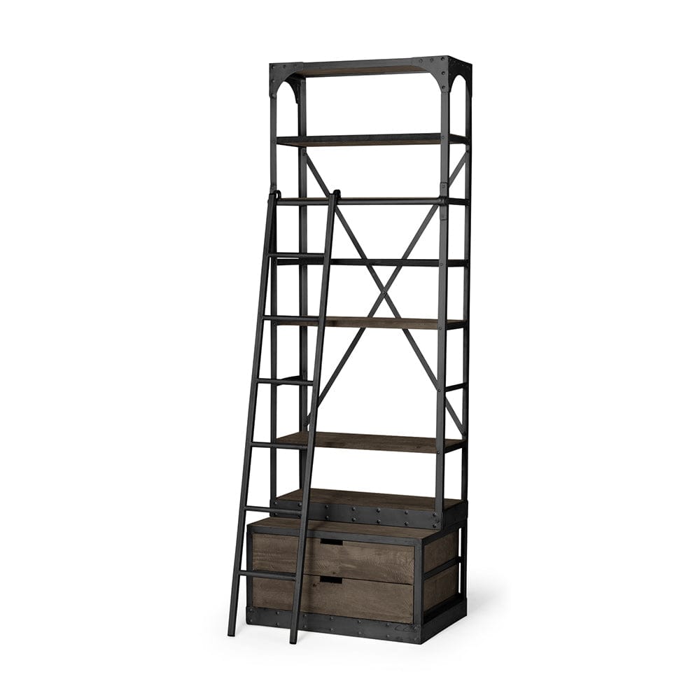 Mercana - Brodie VII 32L x 22W x 94H Brown Wood Gun-Metal Bracing Four Shelf Shelving Unit - 50372-AB view 1