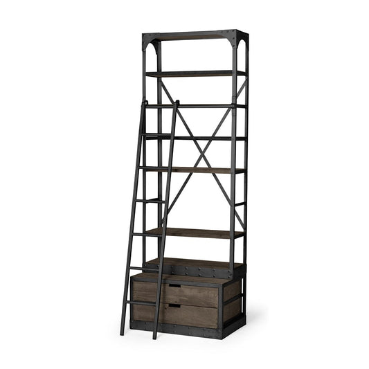 Mercana - Brodie VII 32L x 22W x 94H Brown Wood Gun-Metal Bracing Four Shelf Shelving Unit - 50372-AB view 1