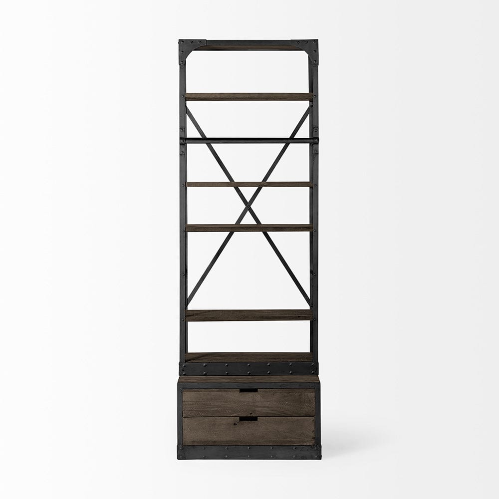 Mercana - Brodie VII 32L x 22W x 94H Brown Wood Gun-Metal Bracing Four Shelf Shelving Unit - 50372-AB view 2