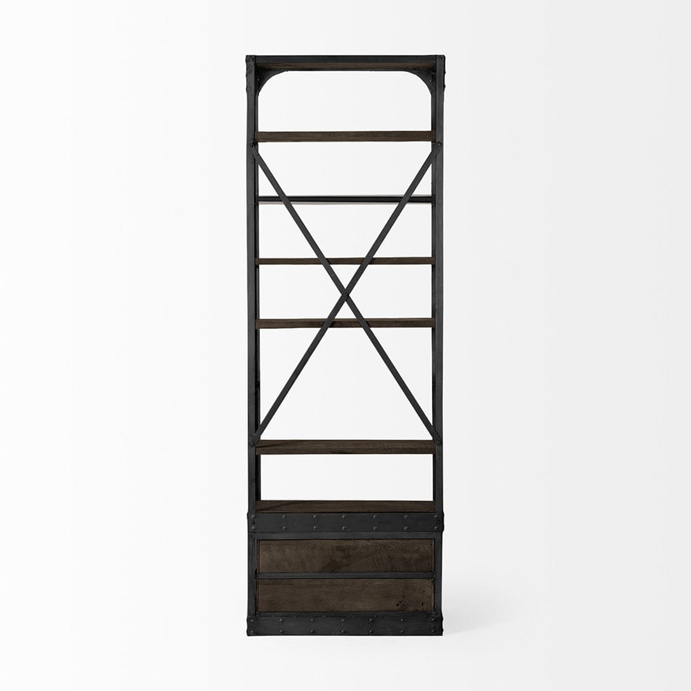 Mercana - Brodie VII 32L x 22W x 94H Brown Wood Gun-Metal Bracing Four Shelf Shelving Unit - 50372-AB view 4