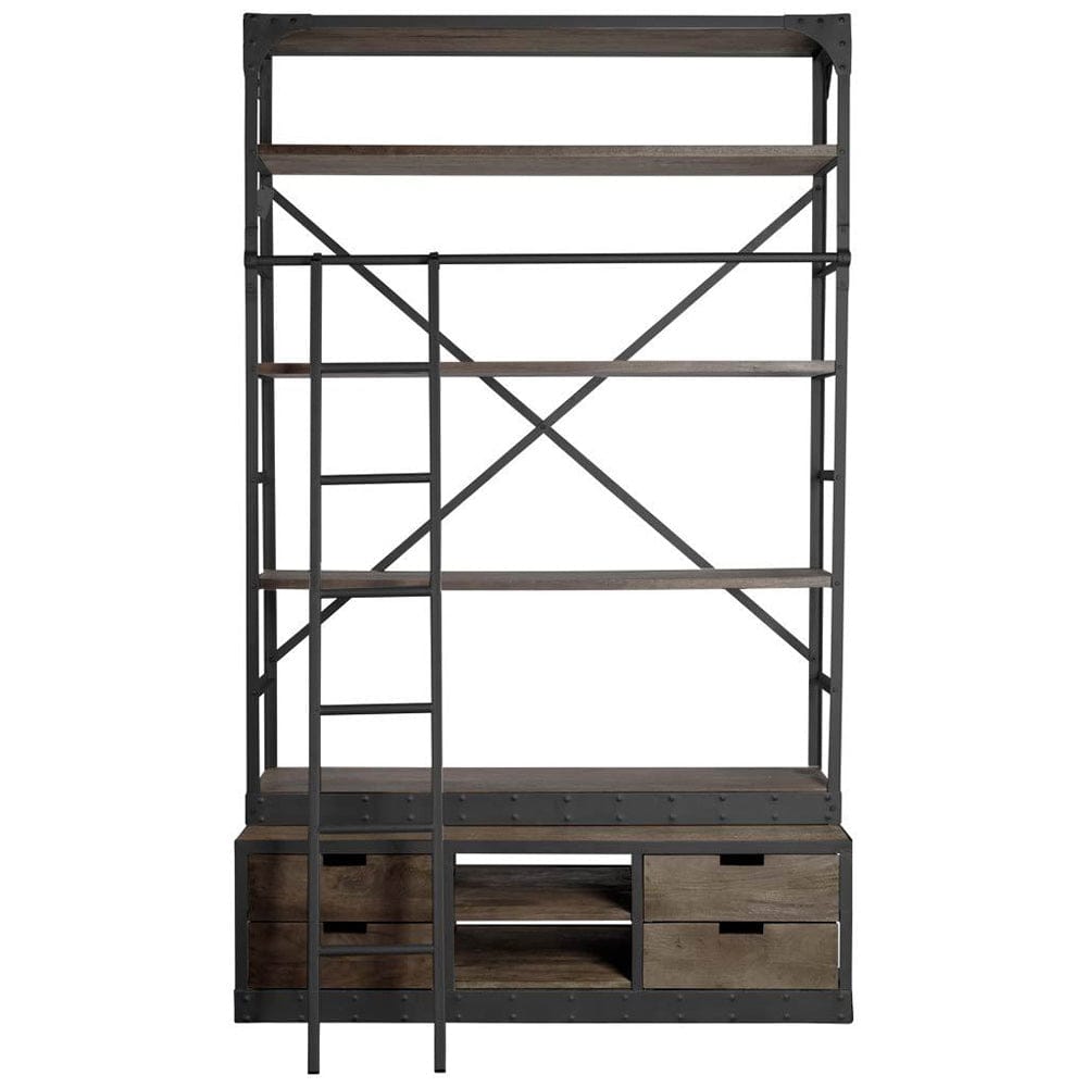 Mercana - Brodie VIII 57L x 20.5W x 94H Brown Wood Gun-Metal Ladder Four Shelf Shelving Unit - 50373-AB view 1